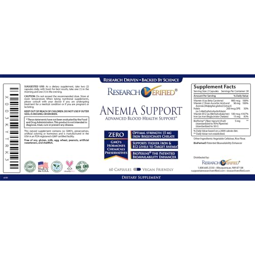 Anemia Support Iron Vitamin C Vitamin A B12 Folate BioPerine 60 Capsules B625914