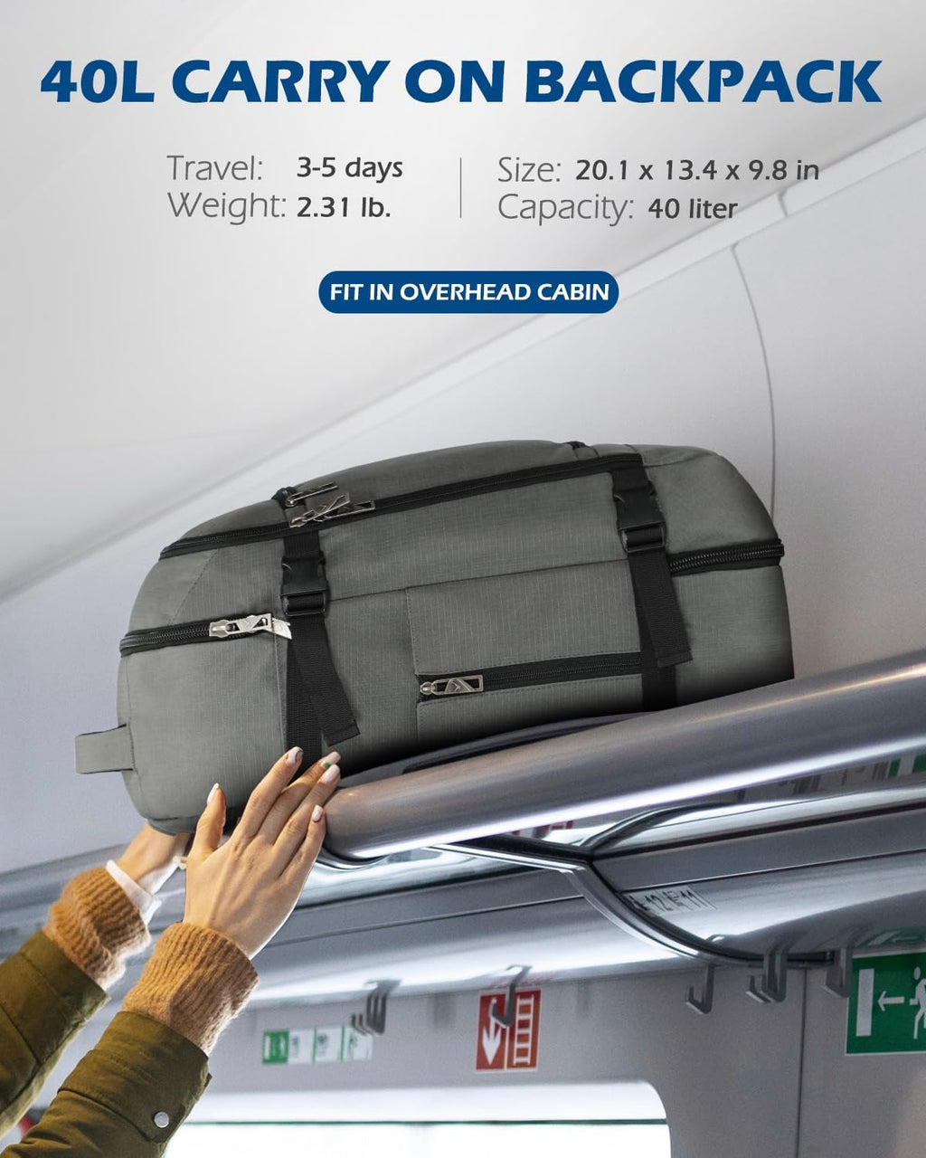 40L Blue with Grey Travel Backpack D219