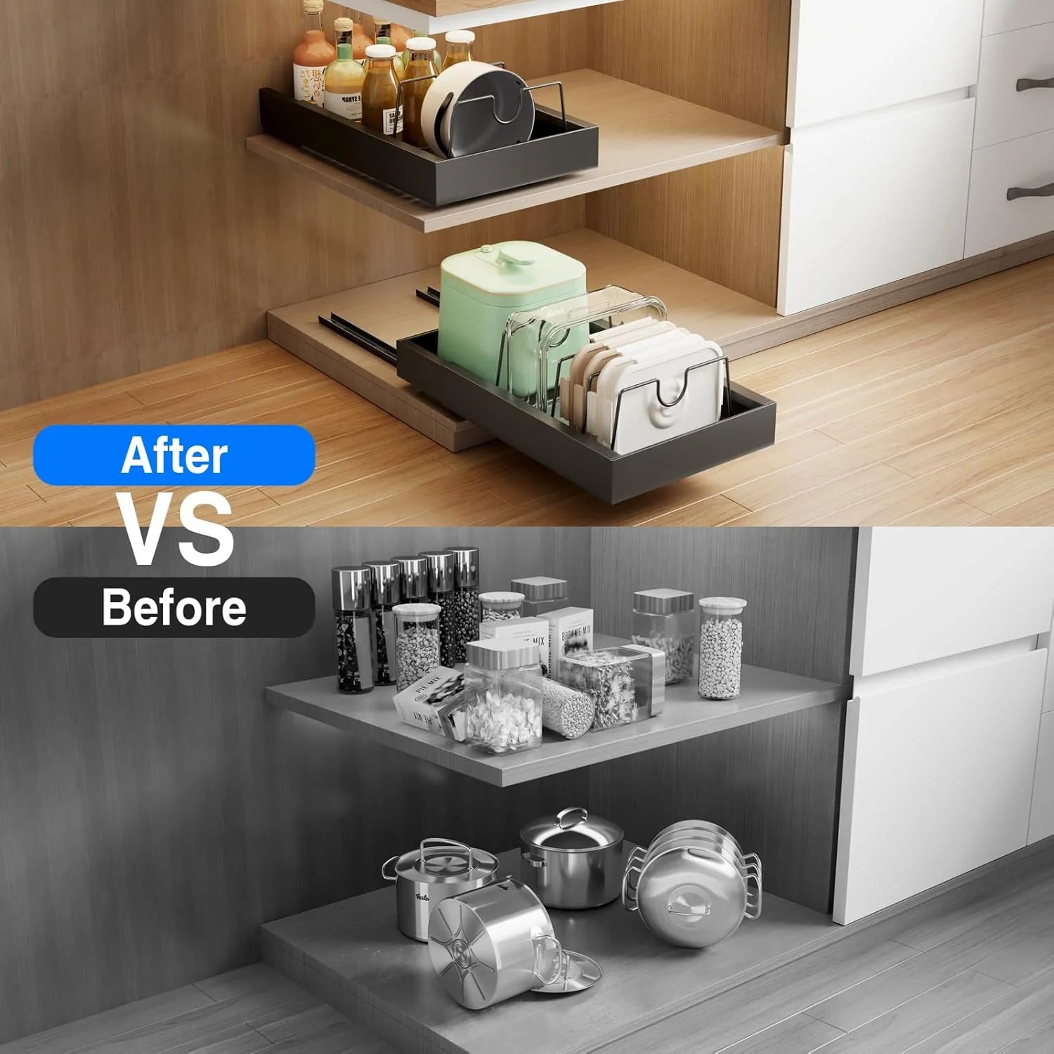 2 Pack Pull Out Cabinet Organizer, Slide Out Drawers, Heavy Duty Shelves, Black B48395