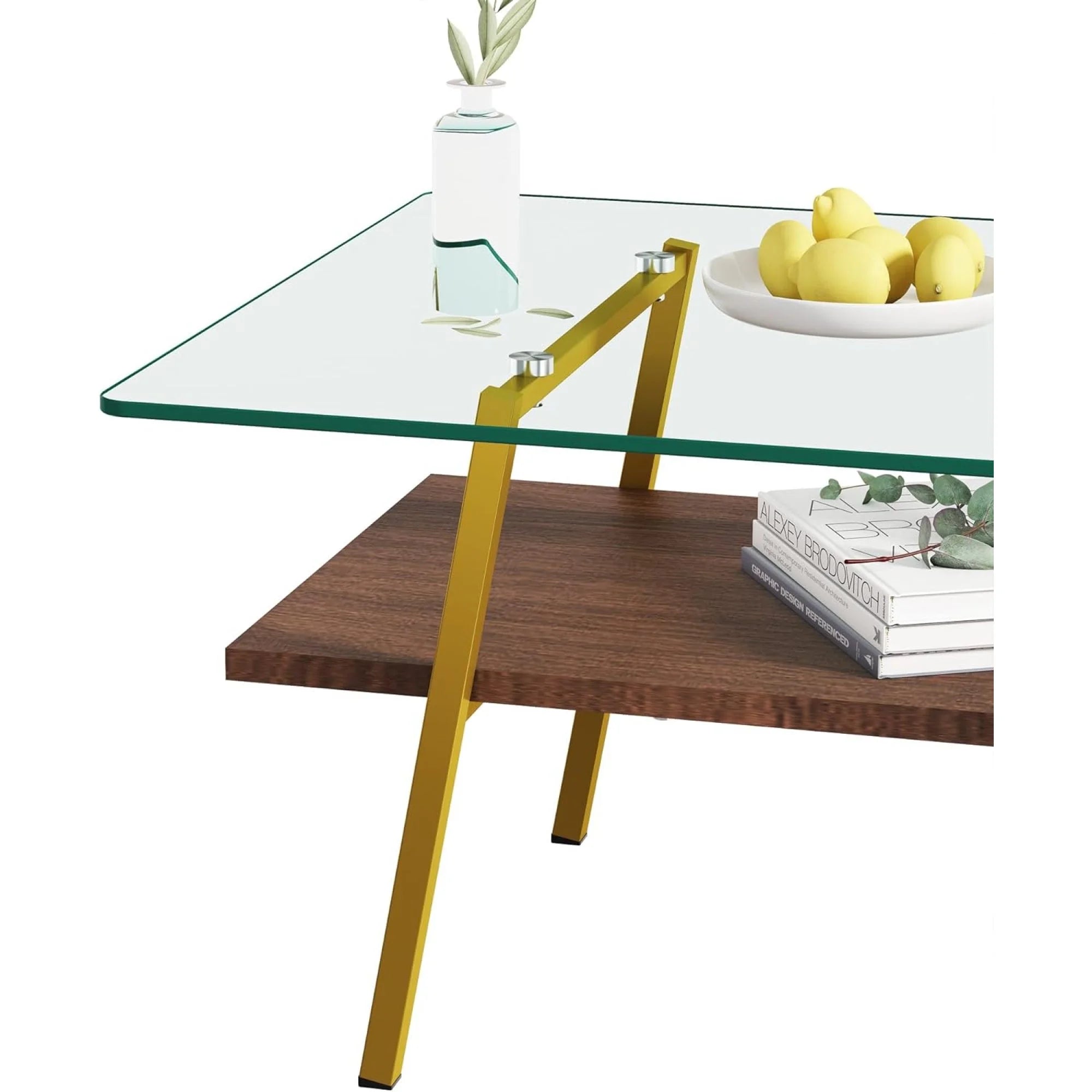 Black Frame Transparent Glass Brown Wood Coffee Table U560