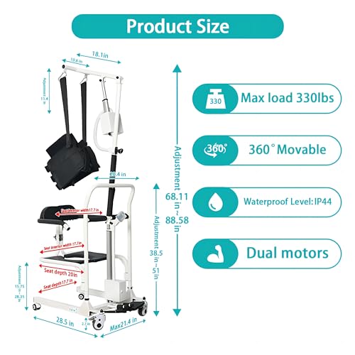 Electric Transfer Chair Patient Lift 180° Split Seat 330 lbs Load-Bearing White Black I4794
