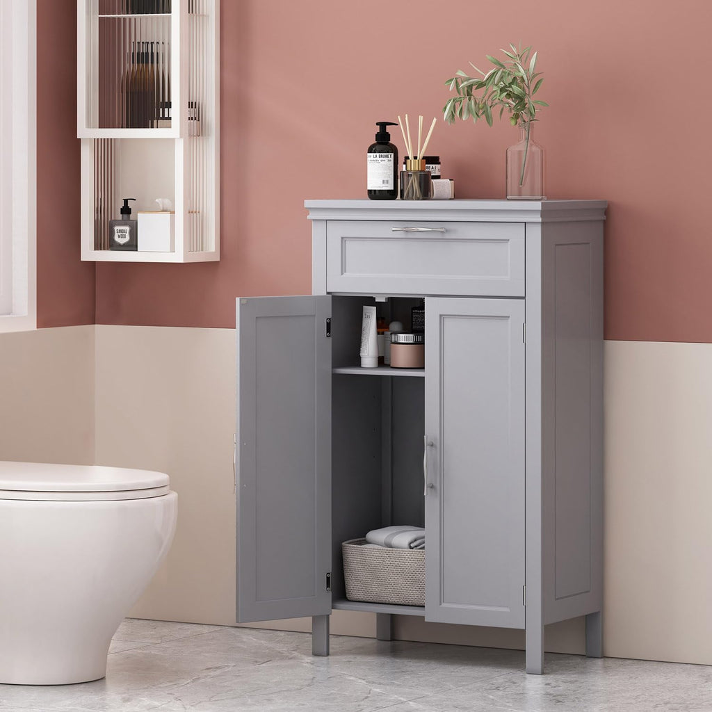 Wooden Bathroom Floor Cabinet with Drawer, Adjustable Shelf, 2-Door Cupboard L43858
