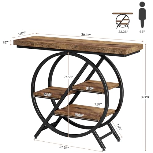 39.4-Inch Rustic Brown Console Table with 4-Tier Geometric Metal Frame Q749883