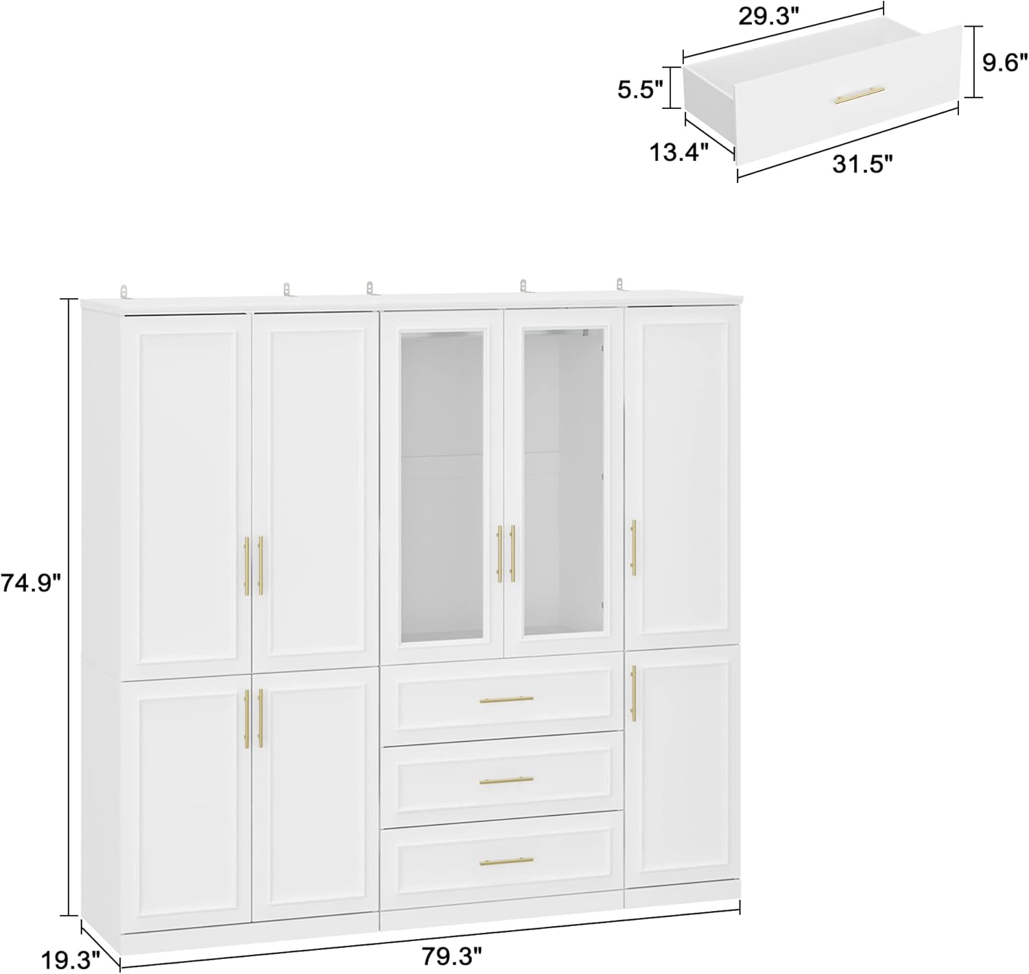 White 8 Door Wooden Wardrobe Armoire with Drawers and Hanging Rods W479