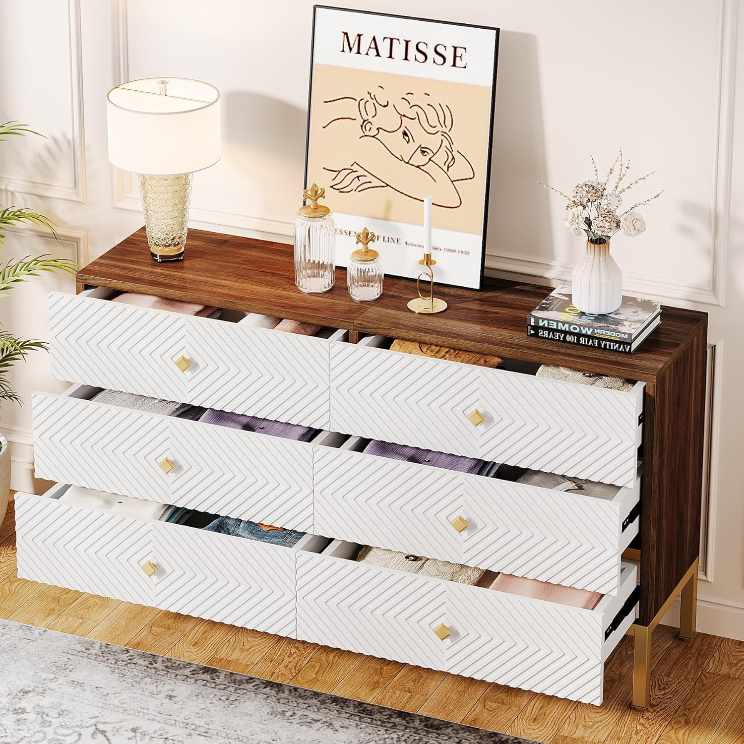 6-Drawer Double Wide Wood Dresser with Gold Legs and Handles, White & Brown K816551