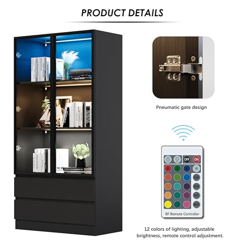 Black Tempered Glass Display Cabinet with LED Lights and 3 Shelves B3084