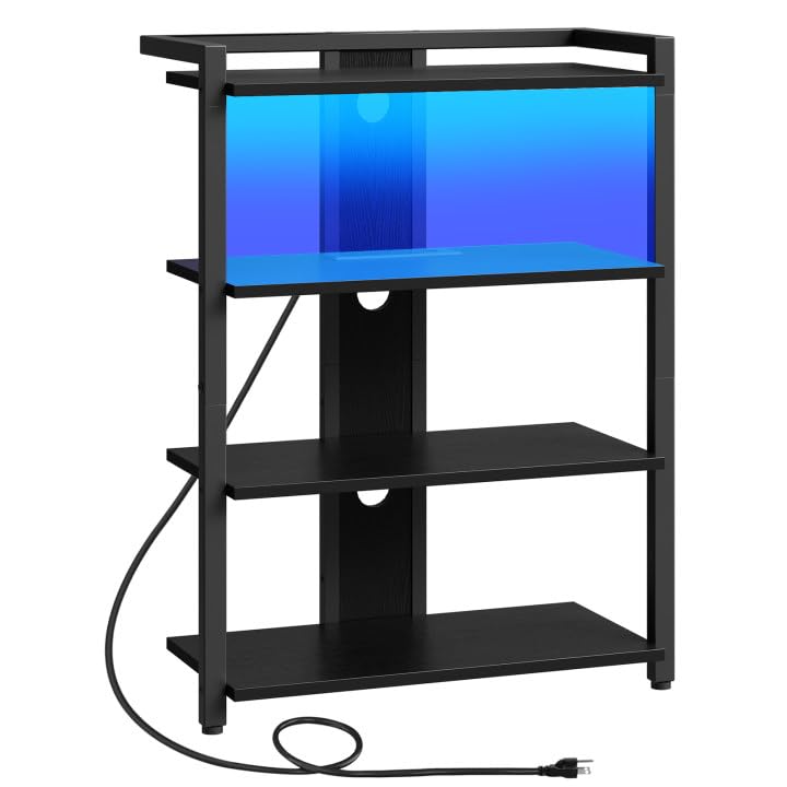 Black 4-Tier Wooden Media Console with Charging Station and LED Light S13971