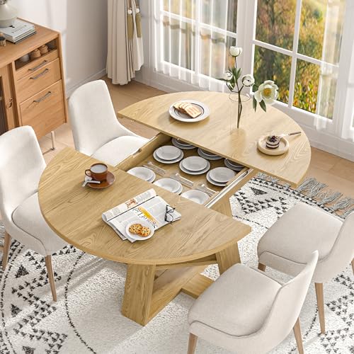 Extendable Round Dining Table with Removable Leaves Wood Base J8199