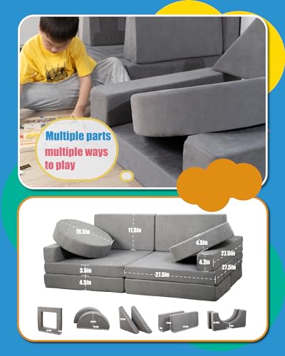 15PCS Modular Toddler Play Couch with Removable Cover Gray Foam Sofa S560391