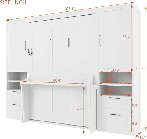 Full White Wood Murphy Bed with Desk and Storage W6851