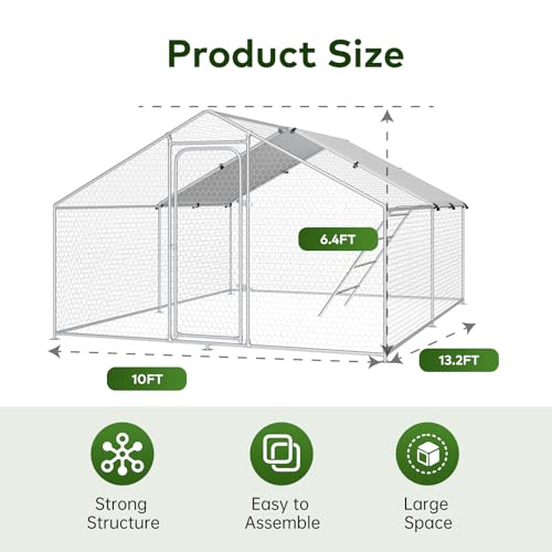 Large Metal Chicken Coop Walk-in Poultry Cage with Waterproof and UV-Resistant Cover, Outdoor Chicken Run Poultry Hen House, Spire Roof (10’ W x 13.2’ L x 6.4’ H) B65982