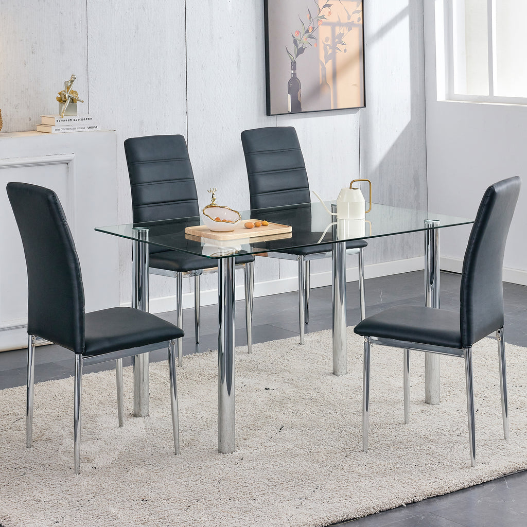 5 Piece Glass Dining Table Set with 4 Black PU Leather Chairs and Metal Legs C3601