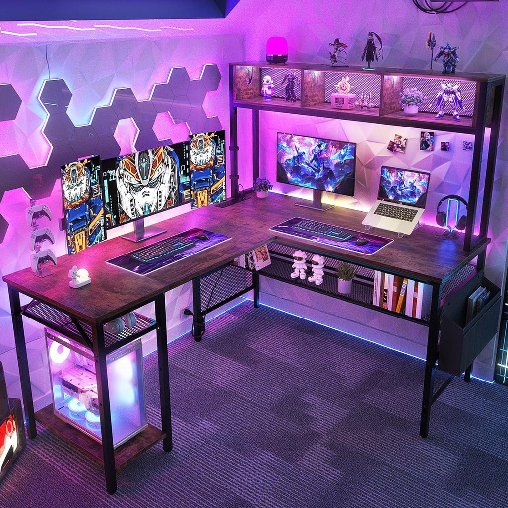 55 Inch L Shaped Gaming Desk with LED Lights & Power Outlets, Rustic Brown U62040
