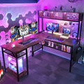 55 Inch L Shaped Gaming Desk with LED Lights & Power Outlets, Rustic Brown U62040