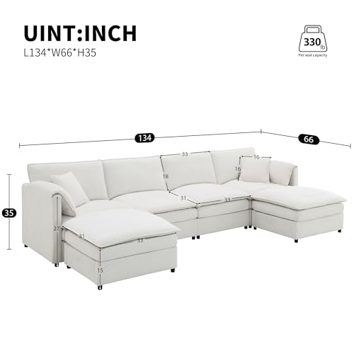 134" Oversized Modular Sectional Sofa with Double Cushions Chenille 6 Seat Sofa Bed with 2 Ottomans B502068