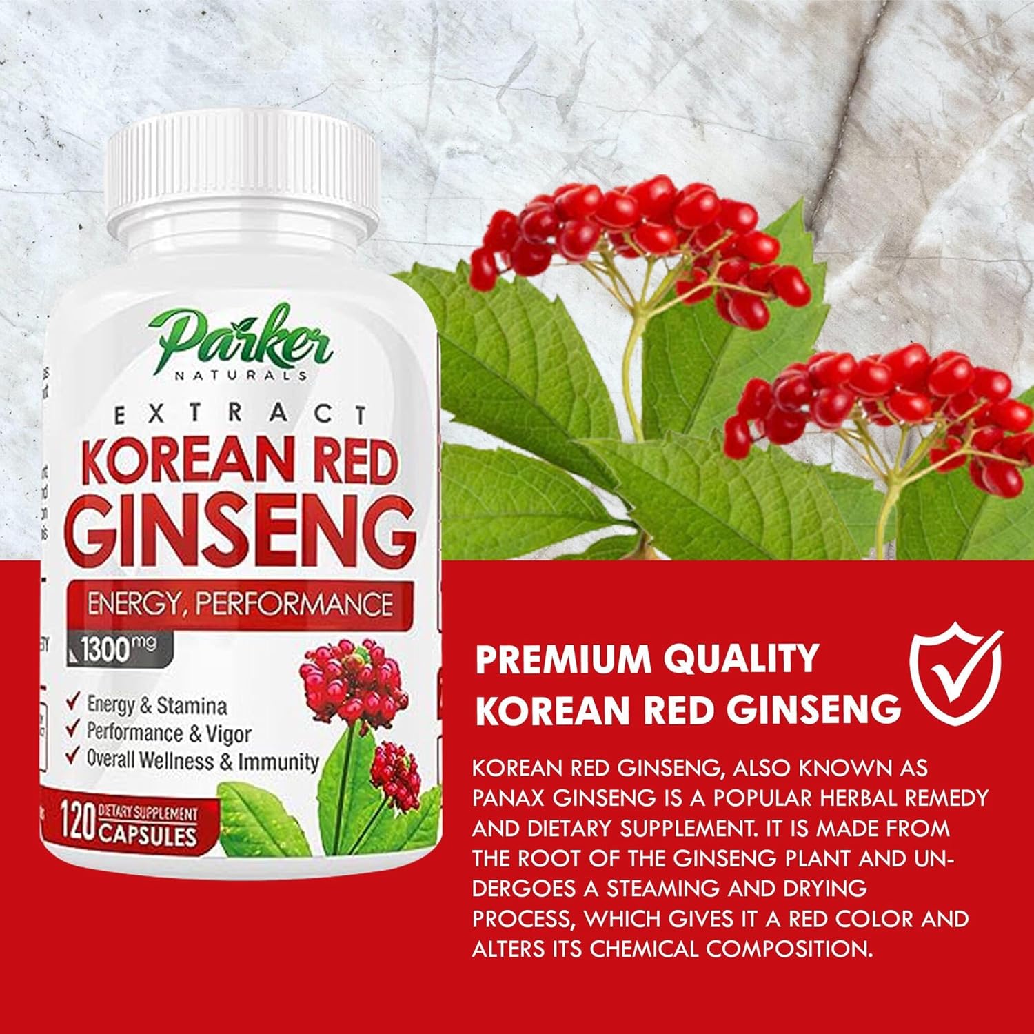 Korean Red Panax Ginseng Extract 1300MG 20% Ginsenosides 120 Caps Z5560