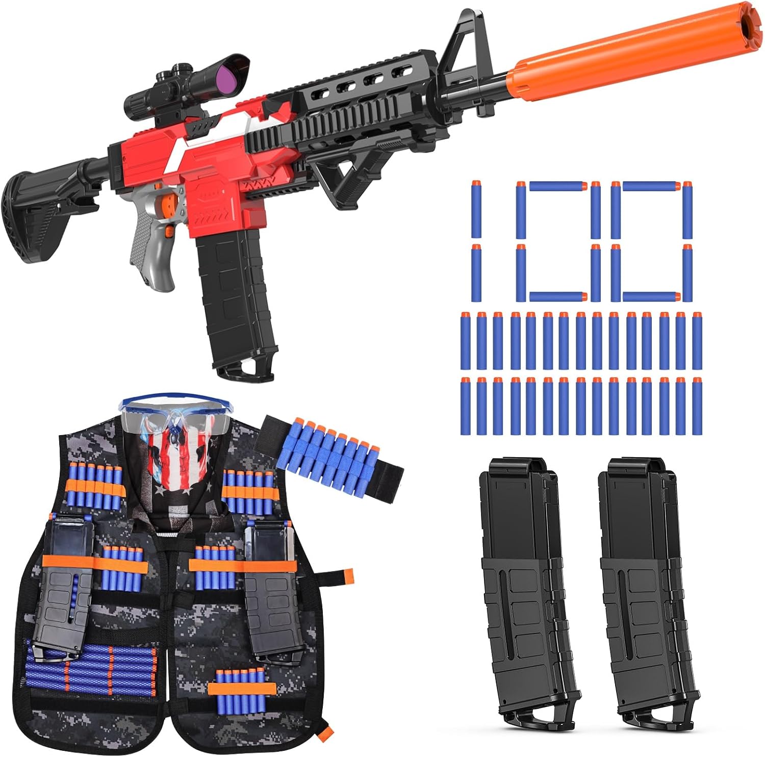 Automatic Toy Foam Blaster with Tactical Vest, 2 Clips and 100 Darts M957