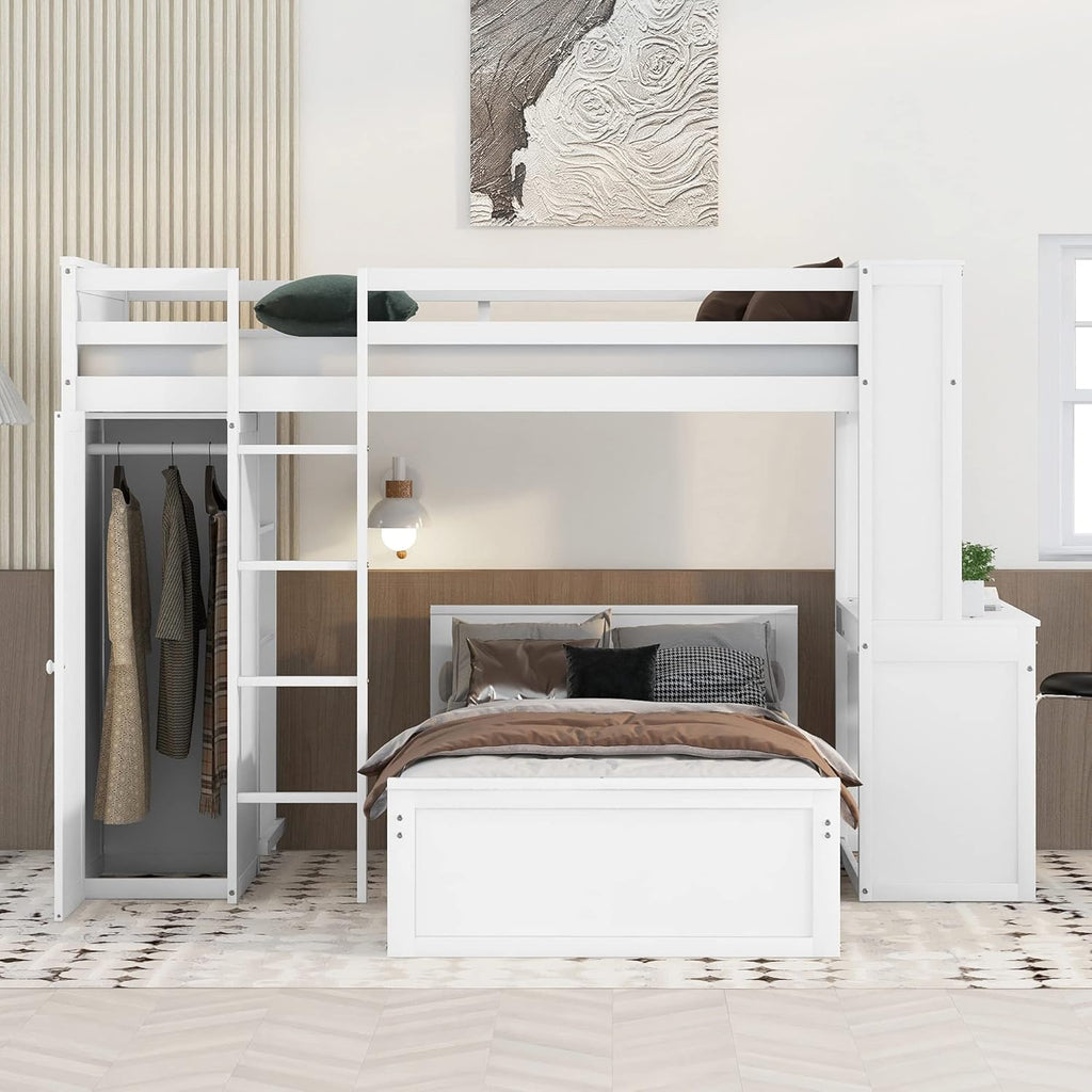 White Twin Wooden Bunk Loft Bed with Shelves Desk and Wardrobe M64287