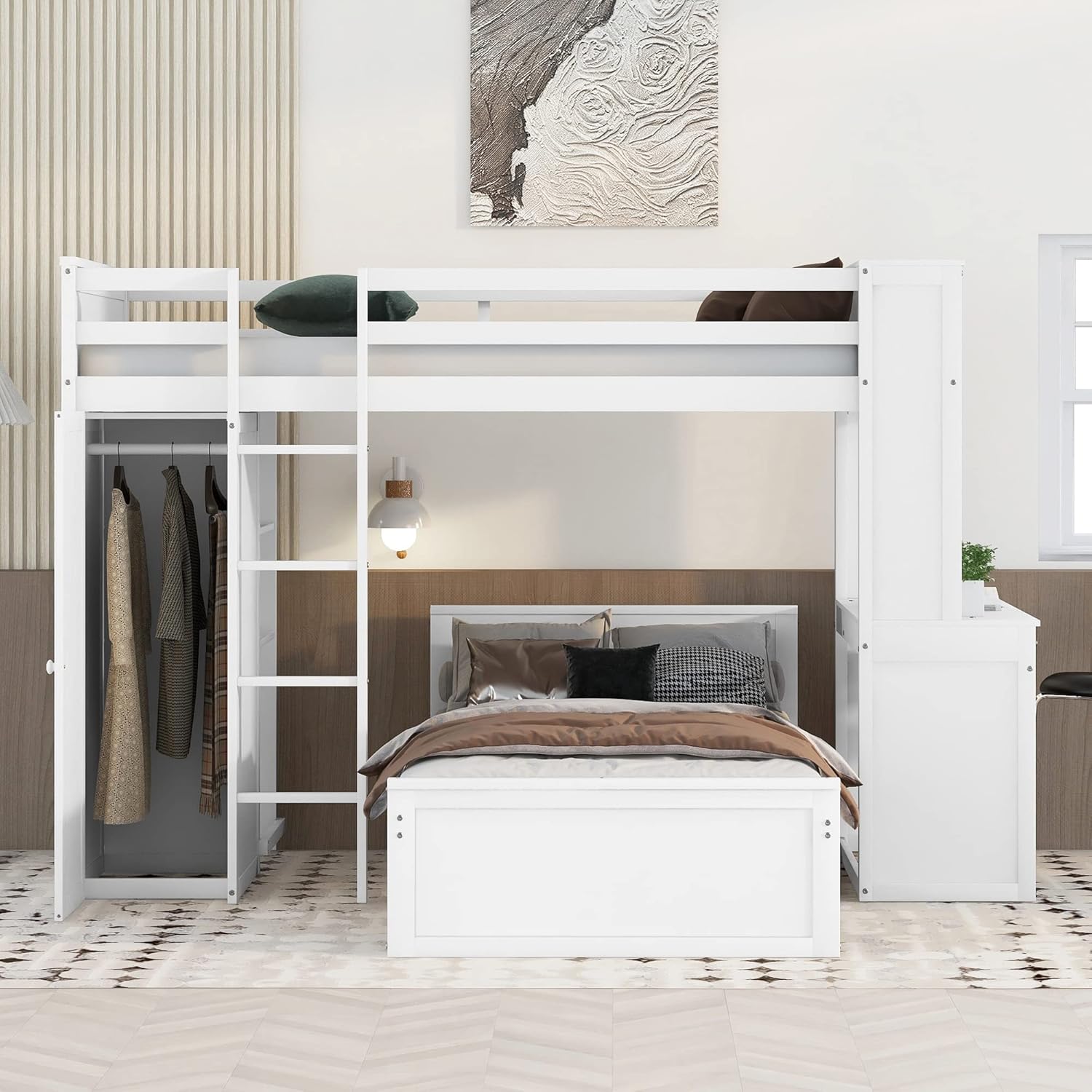 White Twin Wooden Bunk Loft Bed with Shelves Desk and Wardrobe M64287