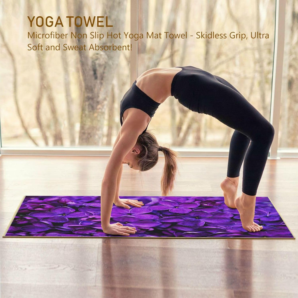 Lilac Purple Floral Non Slip Yoga Towel 73x 27 Inch with Storage Bag T9382