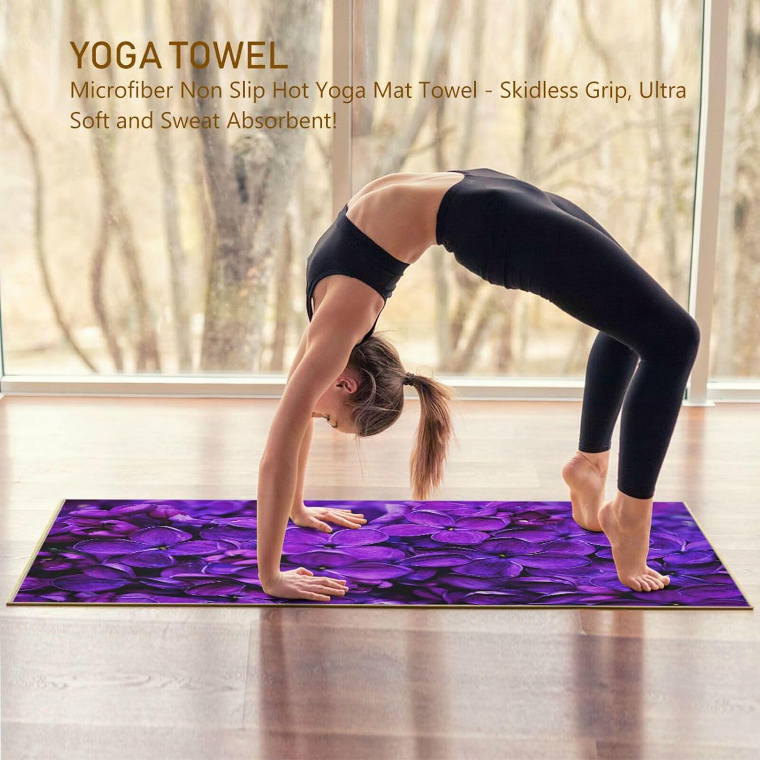 Lilac Purple Floral Non Slip Yoga Towel 73x 27 Inch with Storage Bag T9382