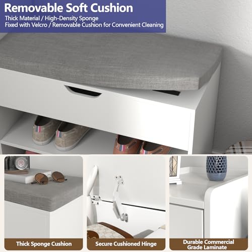 2-Tier Shoe Storage Bench with Sliding Barn Door Storage Cabinets & Removable Seat Cushion S223