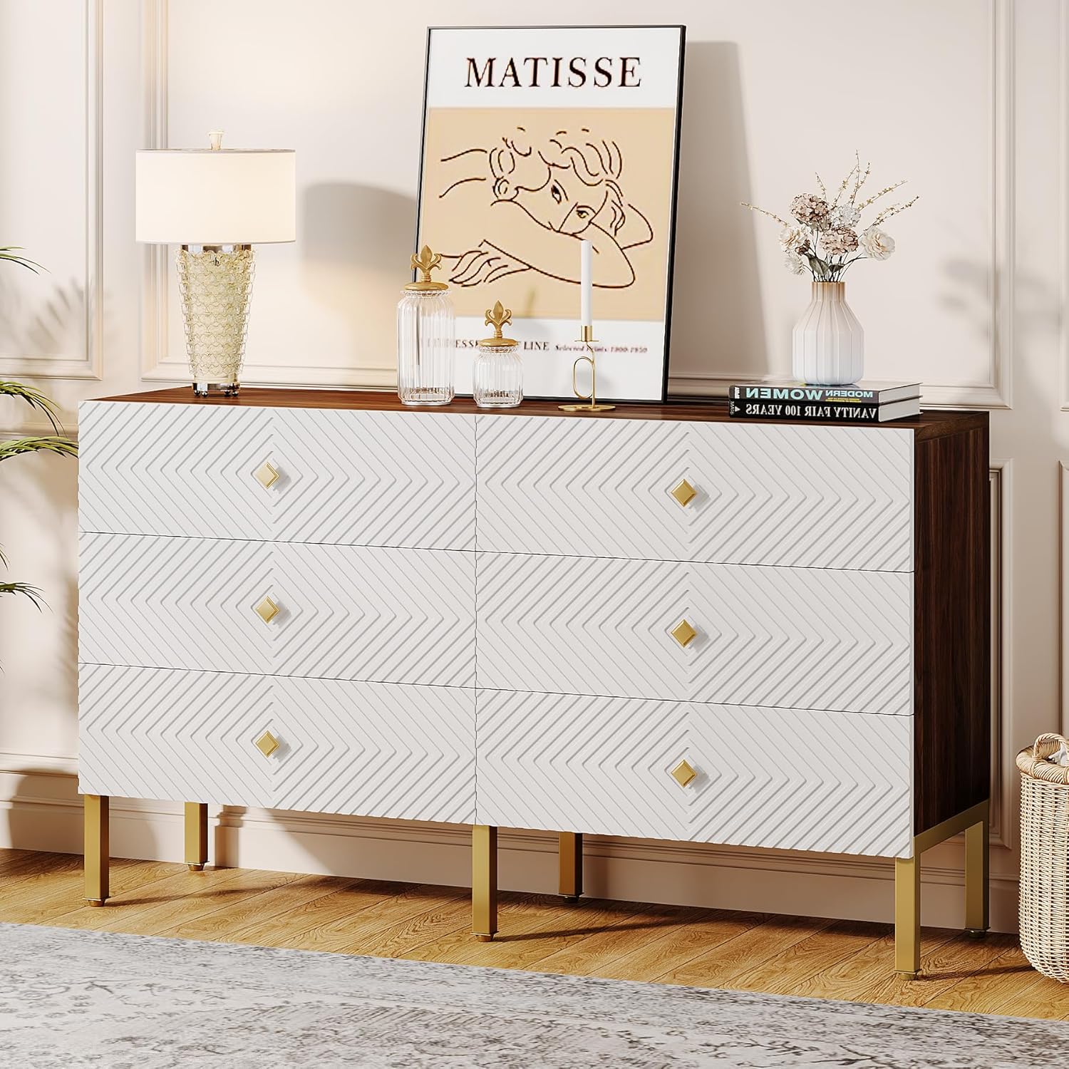 6-Drawer Double Wide Wood Dresser with Gold Legs and Handles, White & Brown K816551