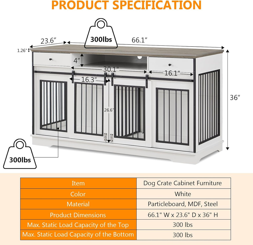 White Double Dog Crate Furniture with Divider and 2 Drawers O539559