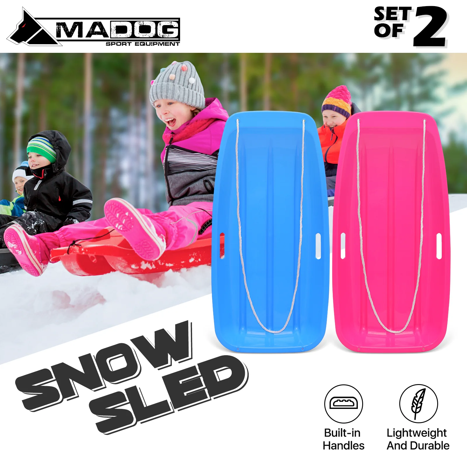 2 Pack 35" Plastic Snow Sleds with Pull Rope, 2 Handles S697