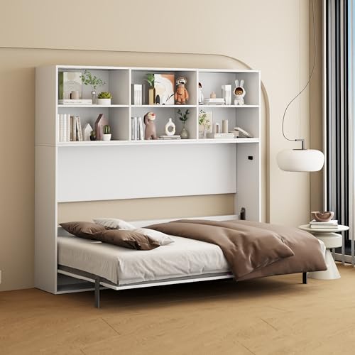 White Full Size Murphy Bed Cabinet with Shelf and Drawers W669