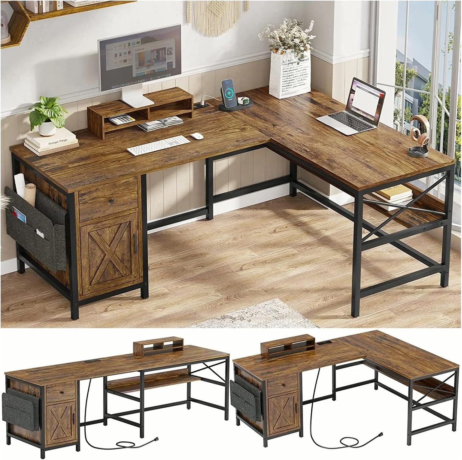 Rustic Brown L Shaped Computer Desk with Monitor Stand Storage Drawer Metal Wood 86.6”L x 19.7”W x 30”H A11725