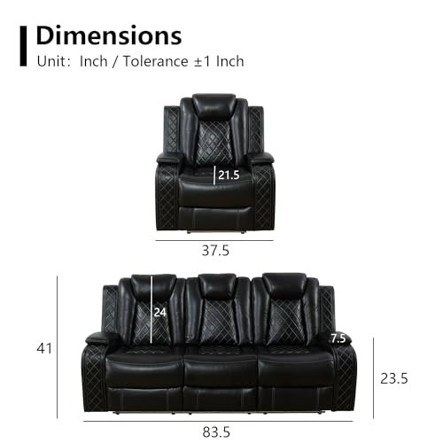 Black Leather Recliner Sofa Set with LED Light B9341