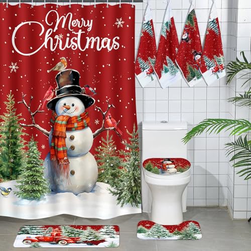 7 Pcs Christmas Shower Curtain Set Non Slip Waterproof Bathroom Accessories L914