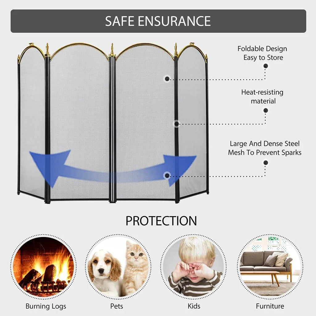 4 Panel 51.5 x 32 Inch Wrought Iron Black Fireplace Screen Mesh P55048
