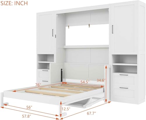 Full White Wood Murphy Bed with Desk and Storage W6851