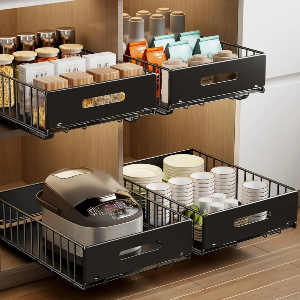 2 Pack Pull Out Cabinet Organizer, Slide Out Drawers, Heavy Duty Shelves, Black B48395
