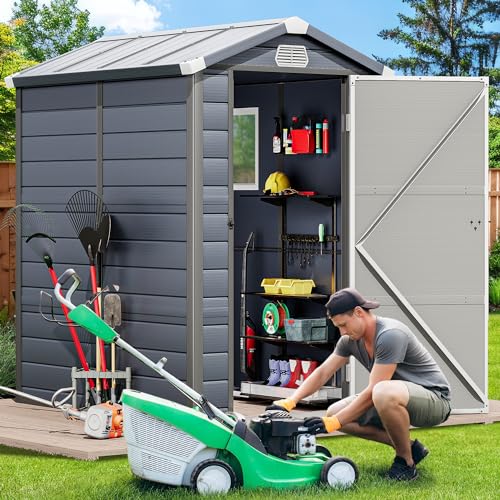 Light Gray Resin Tool Shed, 36 Cu Ft Outdoor Horizontal Storage with Air Vent and Lockable Doors K494404