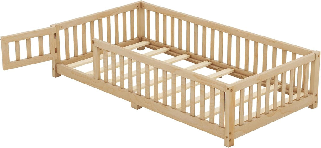 Natural Twin Size Floor Bed with Door and Fence Q9008