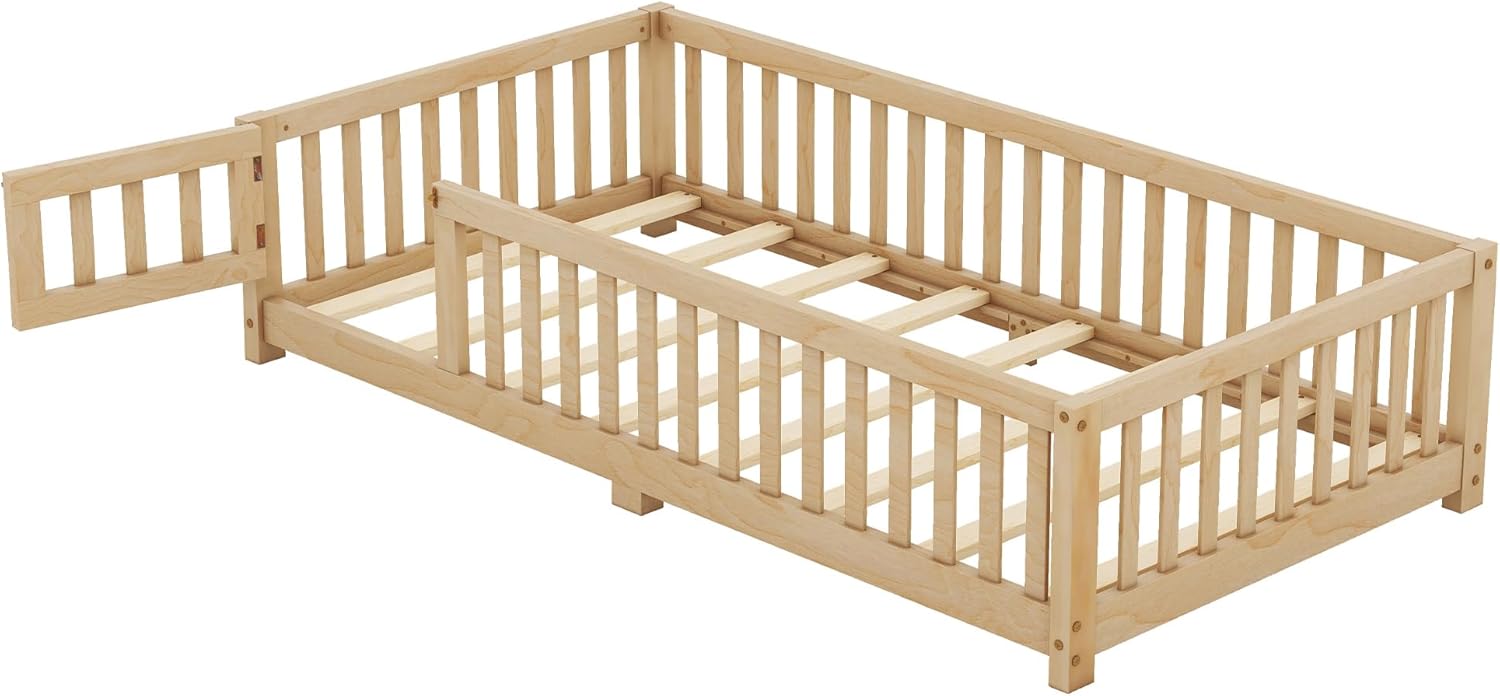 Natural Twin Size Floor Bed with Door and Fence Q9008