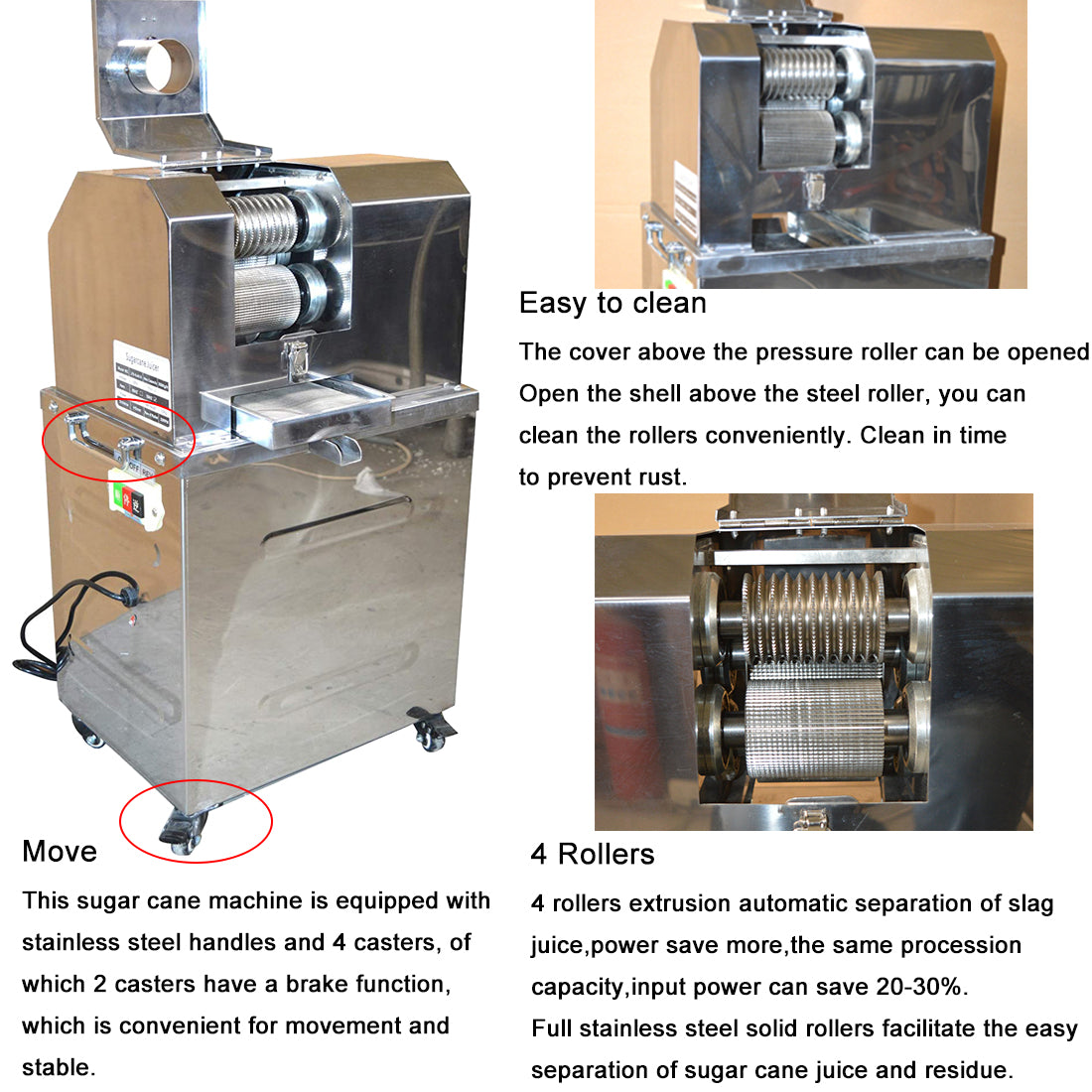Vertical Electric Sugarcane Juicer Juice Press Machine 4 Rollers Stainless Steel Silver E827