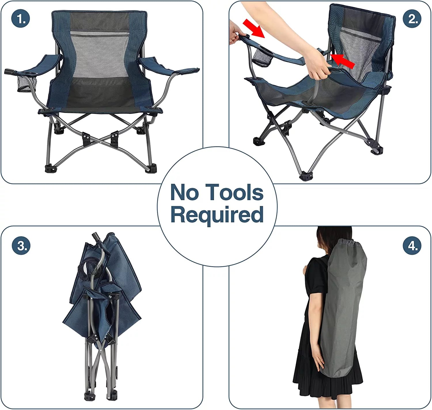 Low Beach Chair with Adjustable Backrest and Cup Holder, Navy F7552
