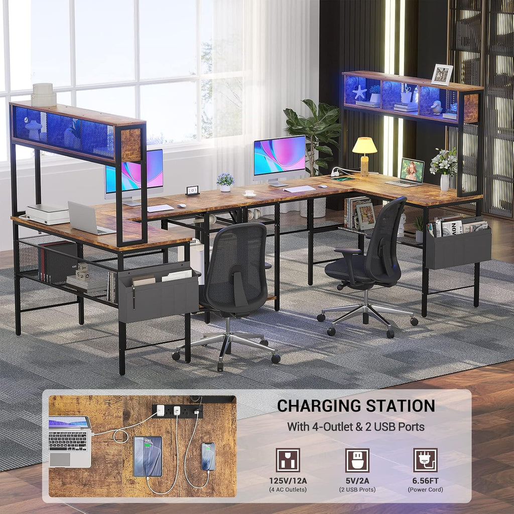 55 Inch L Shaped Gaming Desk with LED Lights & Power Outlets, Rustic Brown U62040
