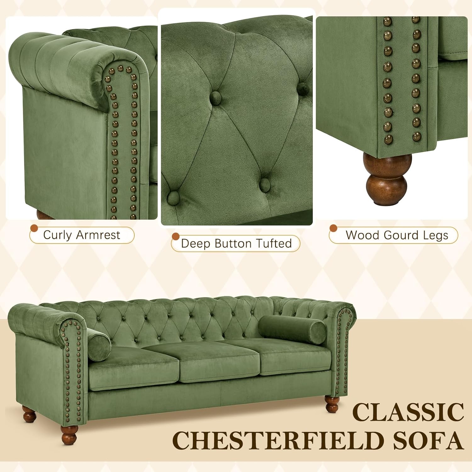 Green Velvet 3 Seater Chesterfield Sofa Z3756