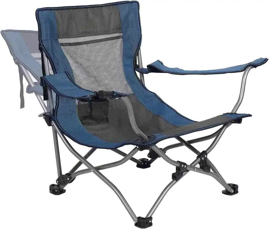 Low Beach Chair with Adjustable Backrest and Cup Holder, Navy F7552