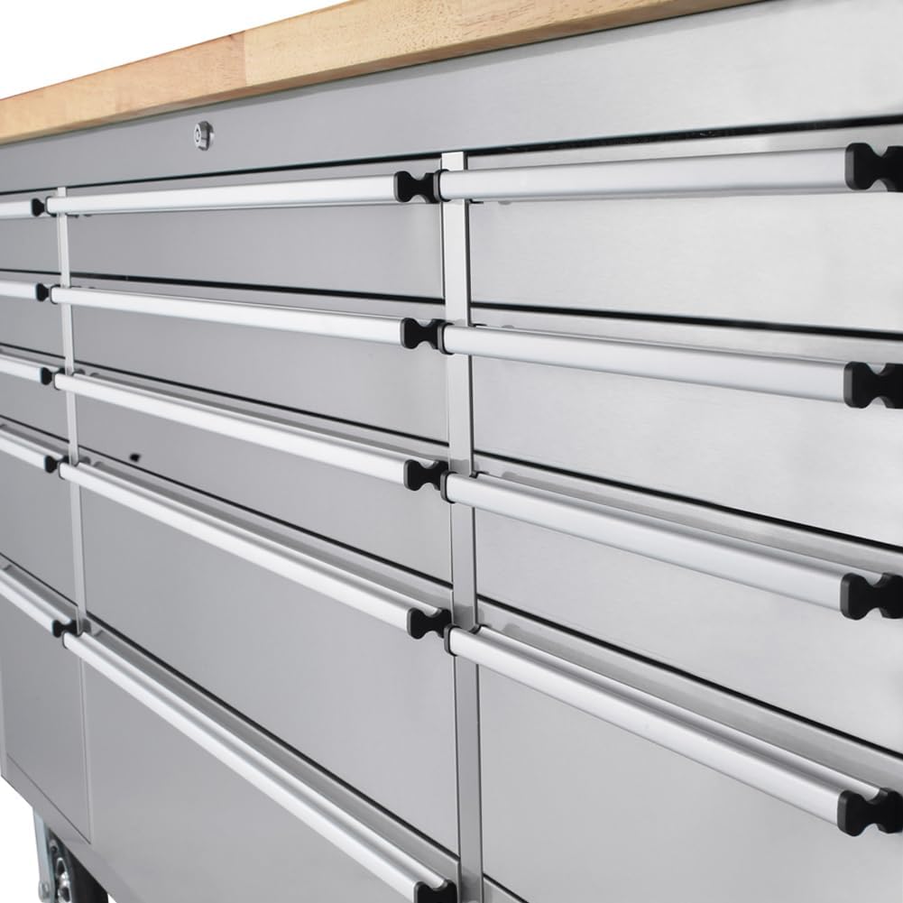 15 Drawer Stainless Steel Rolling Tool Chest with Wheels and Wood Top W441