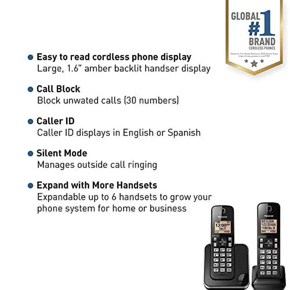 2 Handset Cordless Phone System with Amber Backlit Display (Black) O18491