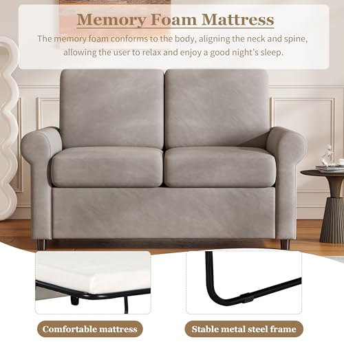 Grey Velvet Convertible Sofa Bed with Memory Foam Mattress C617171