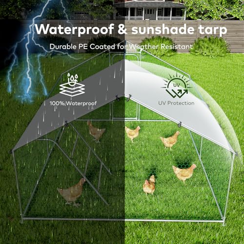 Large Metal Chicken Coop Walk-in Poultry Cage with Waterproof and UV-Resistant Cover, Outdoor Chicken Run Poultry Hen House, Spire Roof (10’ W x 13.2’ L x 6.4’ H) B65982