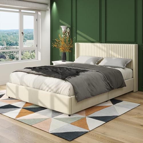 Grey Queen Size Platform Bed Frame with 4 Storage Drawers and Wingback Headboard T8837