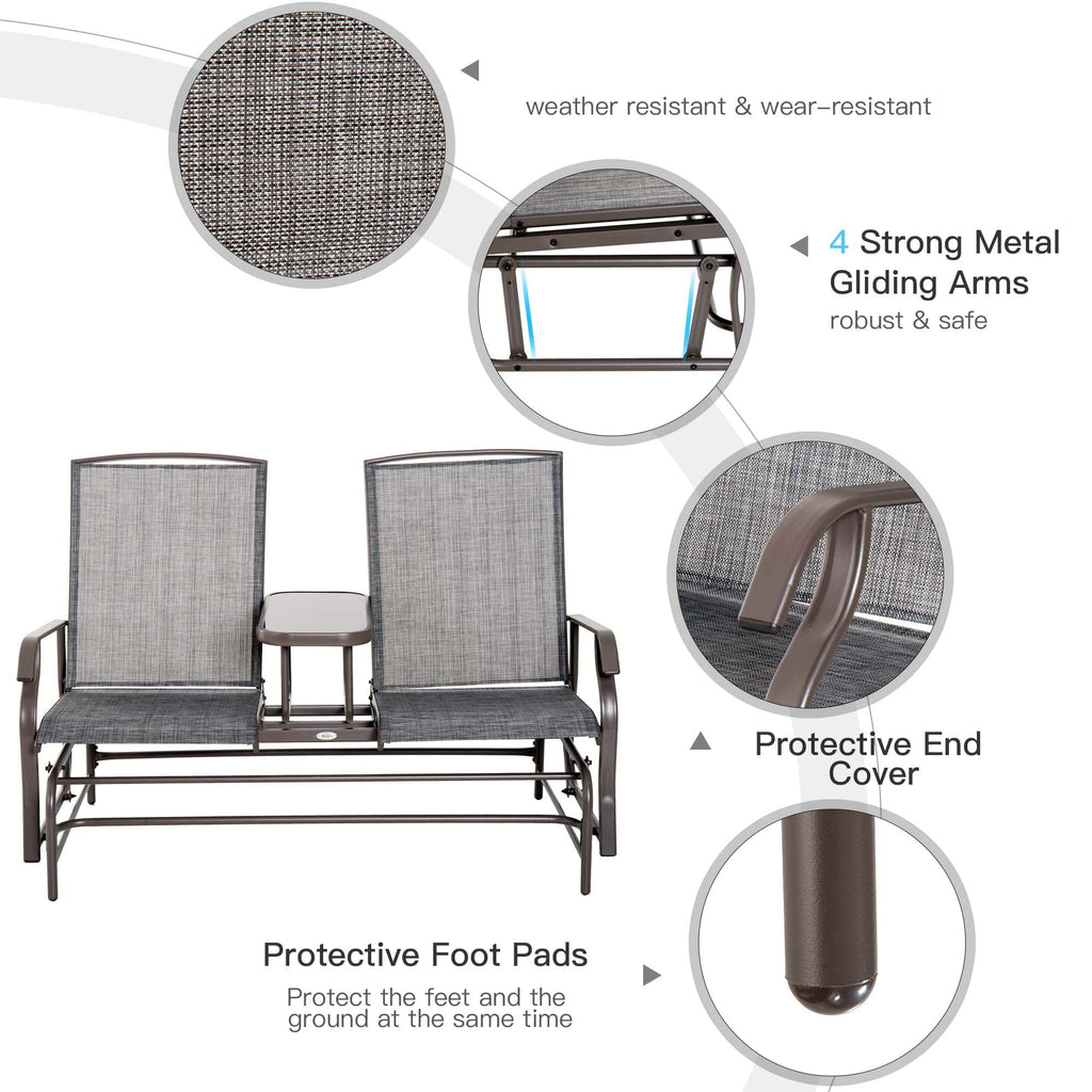 Gray Metal Frame Outdoor Glider Bench with Center Table H228018